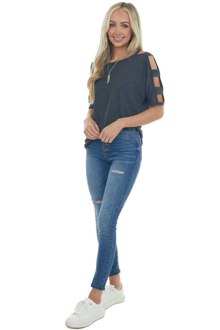 Charcoal Melange Ladder Cut Out Sleeve Tee