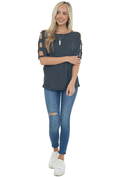 Charcoal Melange Ladder Cut Out Sleeve Tee