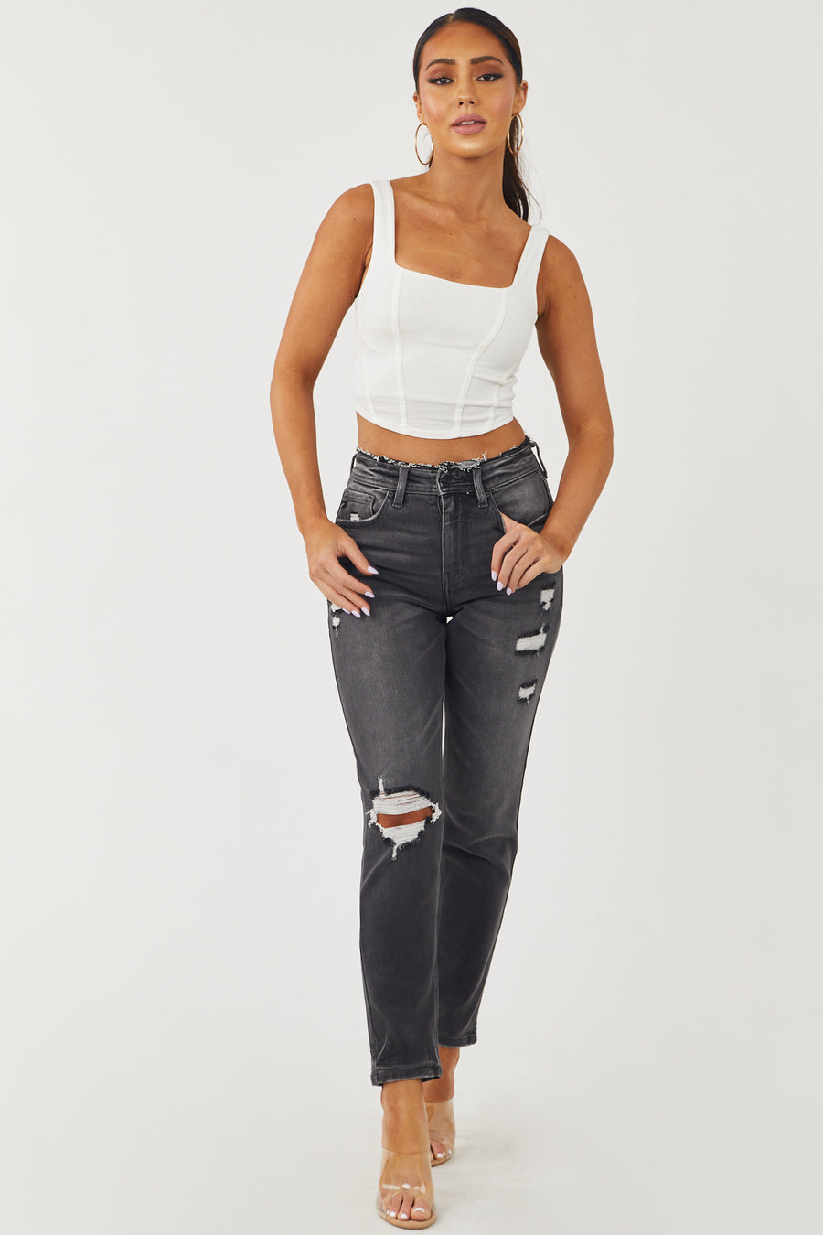 Charcoal Wash Distressed High Rise Jeans