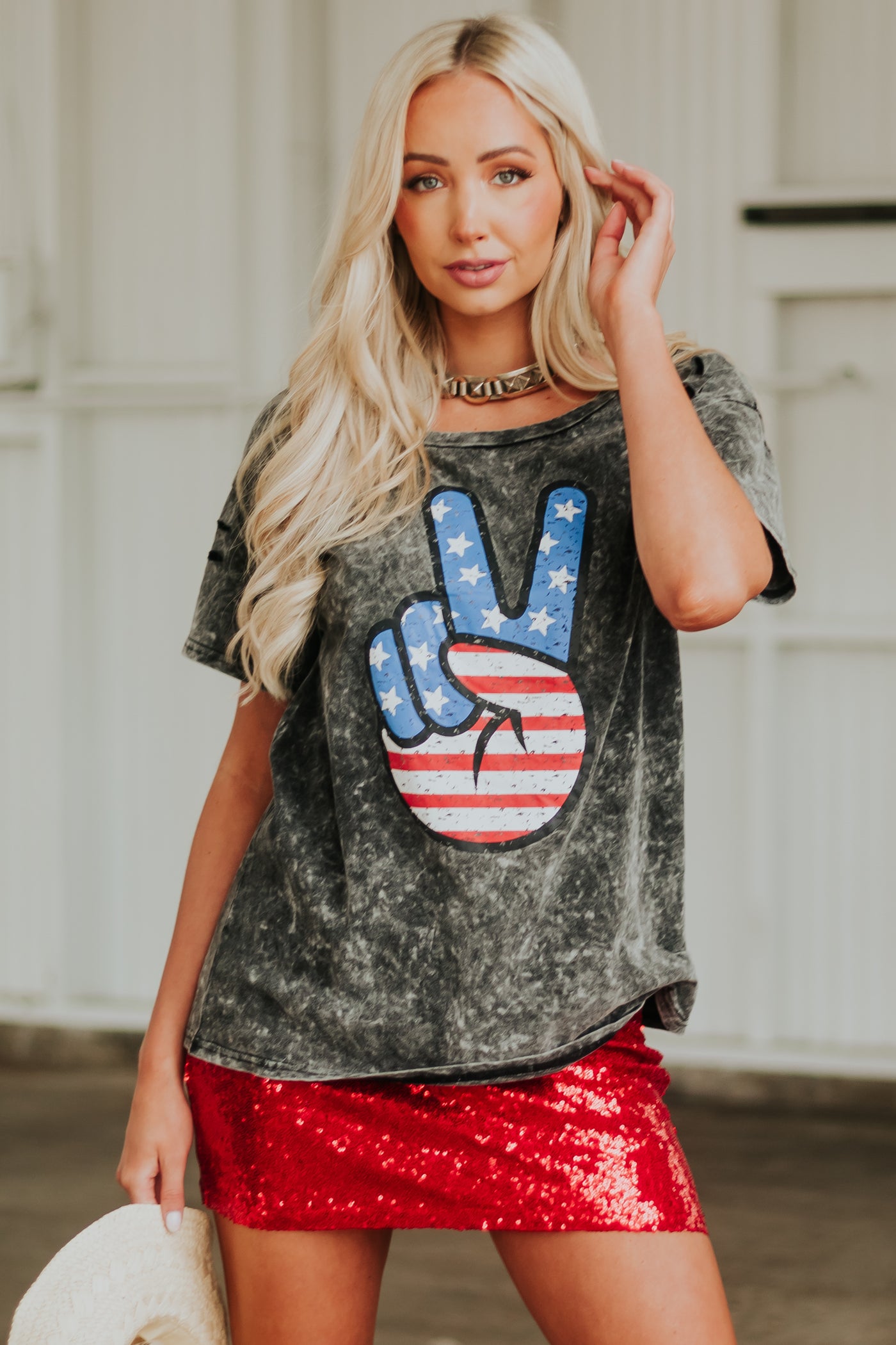 Charcoal Washed Americana Peace Sign Graphic Top