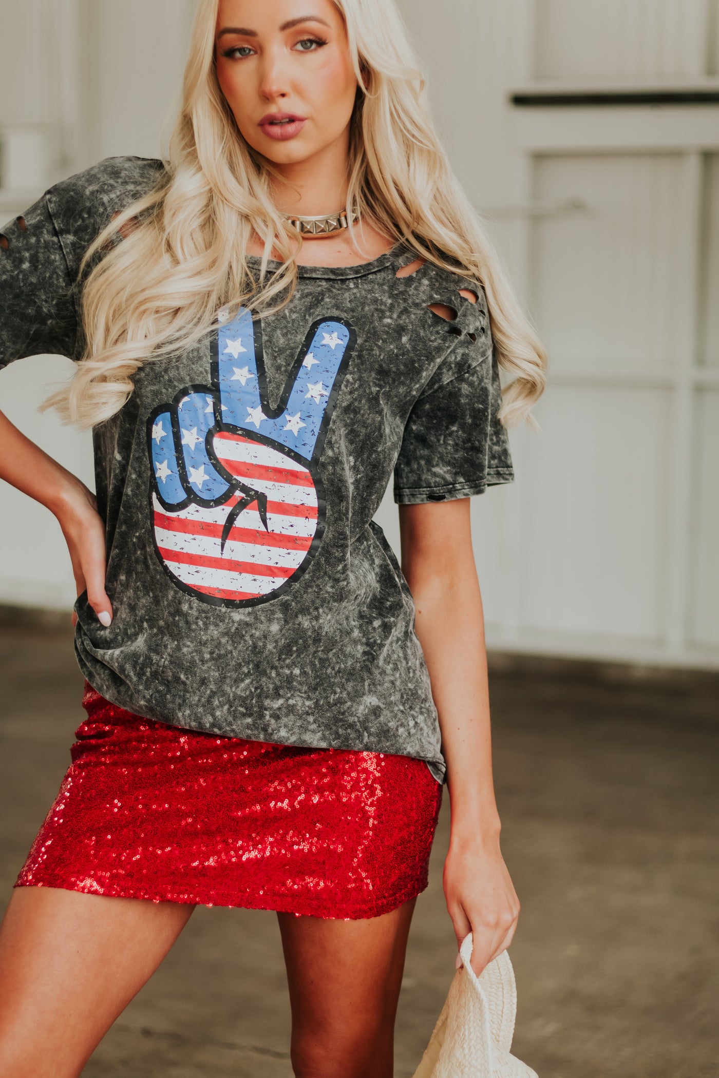 Charcoal Washed Americana Peace Sign Graphic Top