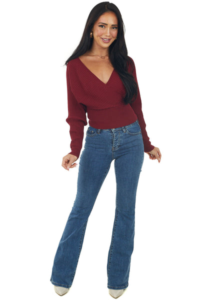Cherry Red Surplice Long Sleeve Ribbed Sweater