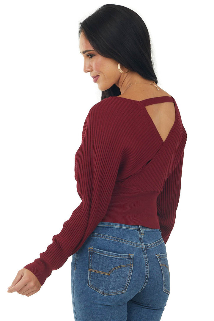 Cherry Red Surplice Long Sleeve Ribbed Sweater
