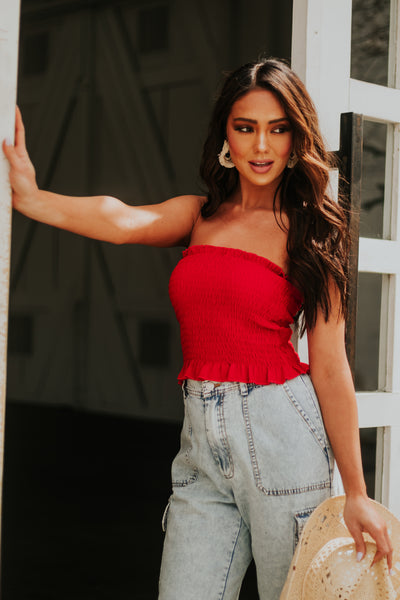 Cherry Smocked Strapless Ruffle Hem Bandeau Top