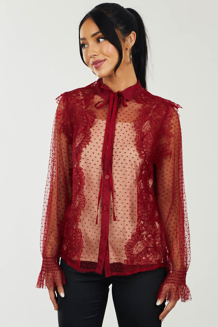 Cherry Swiss Dot Lace Blouse with Camisole