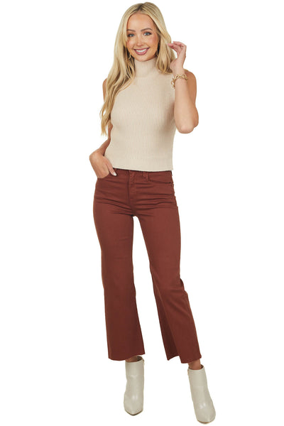 Chestnut High Rise Cropped Flare Jeans with Raw Hem