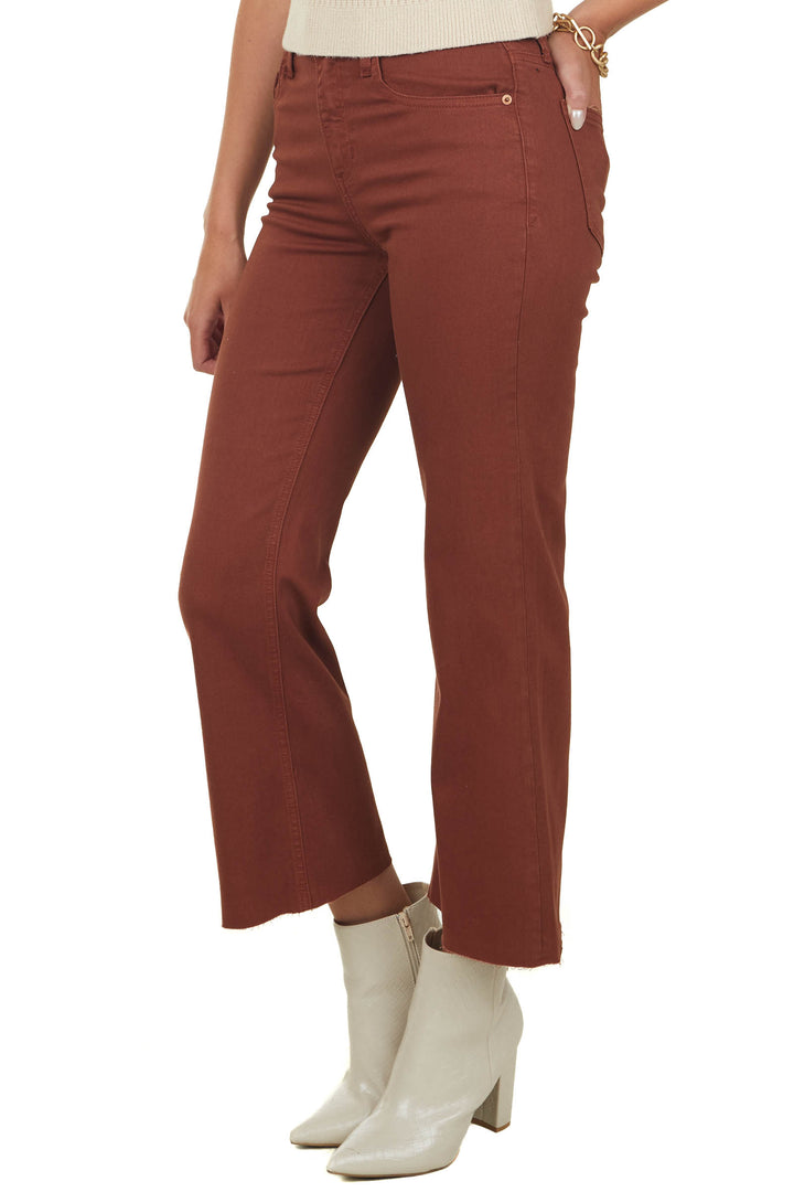 Chestnut High Rise Cropped Flare Jeans with Raw Hem