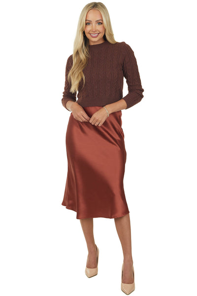 Chestnut Silky Satin Solid Midi Skirt