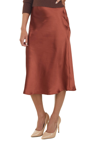 Chestnut Silky Satin Solid Midi Skirt
