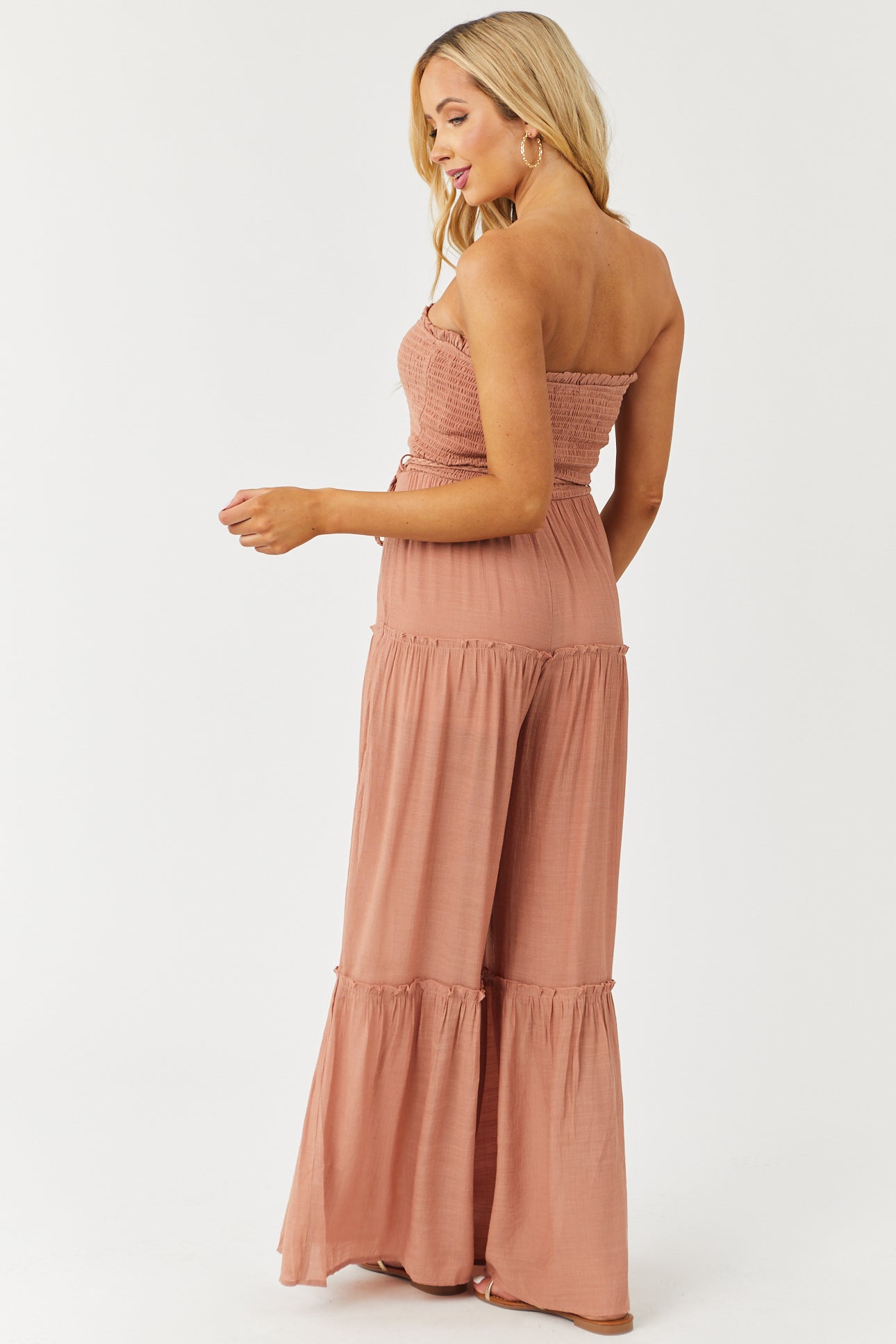 Chestnut Strapless Smocked Jumpsuit with Tie Detail
