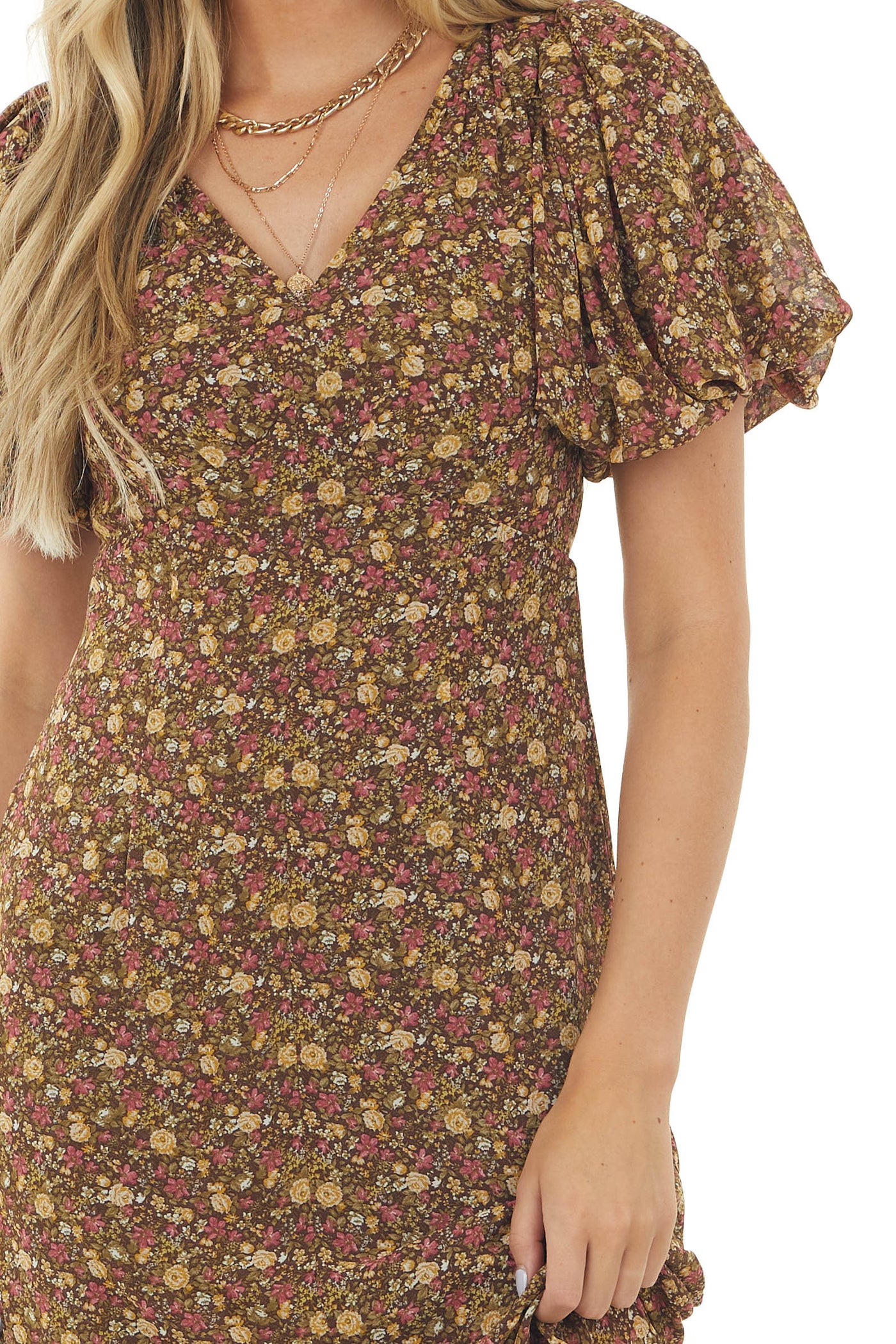 Chocolate Ditsy Floral Short Sleeve Maxi Dress