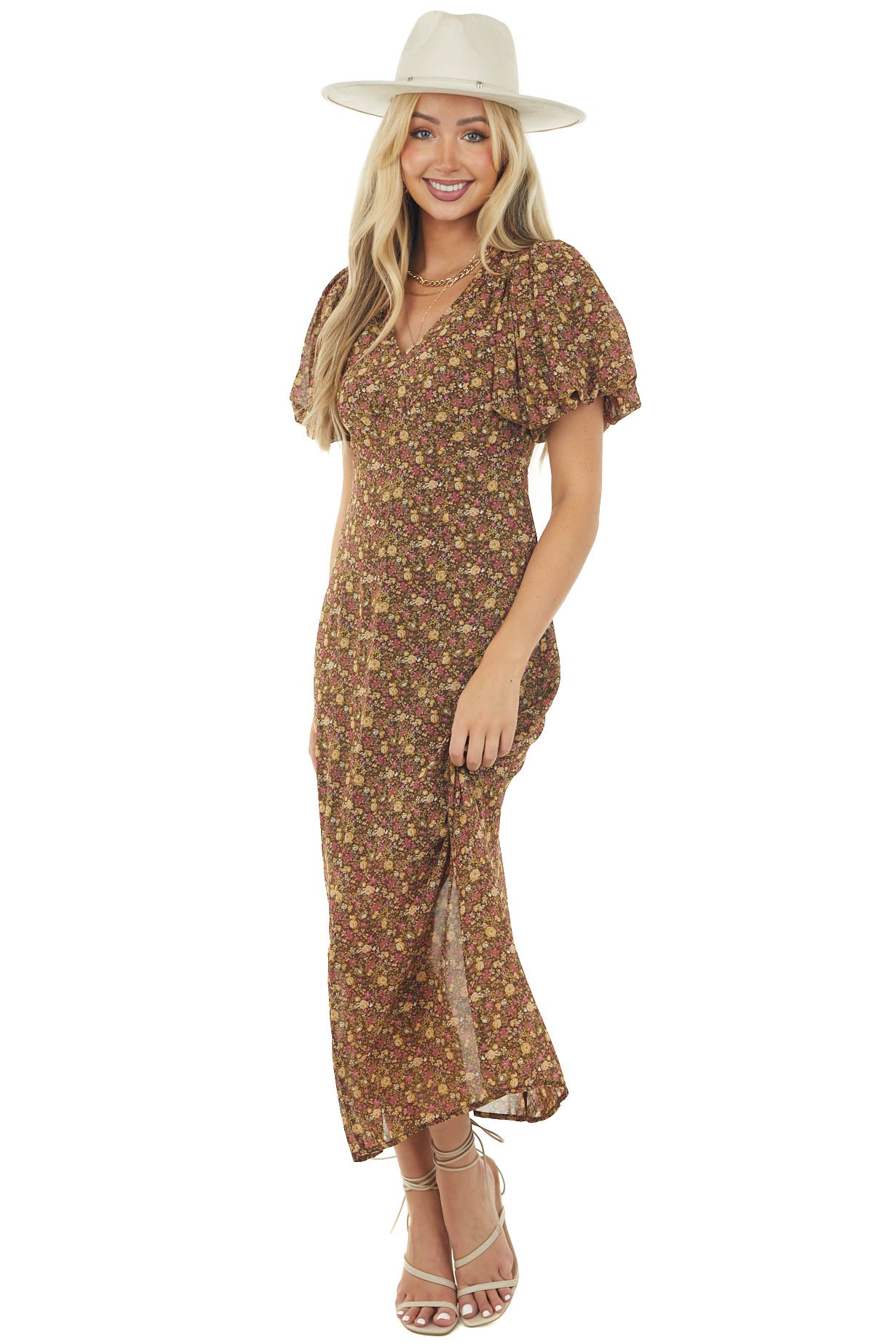 Chocolate Ditsy Floral Short Sleeve Maxi Dress