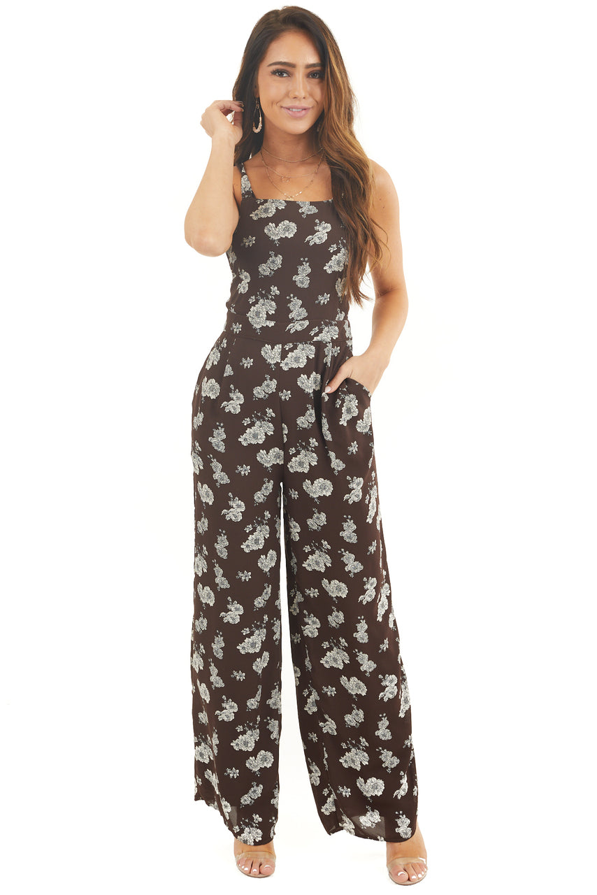 Chocolate Floral Print High Neck Jumpsuit with Side Pockets