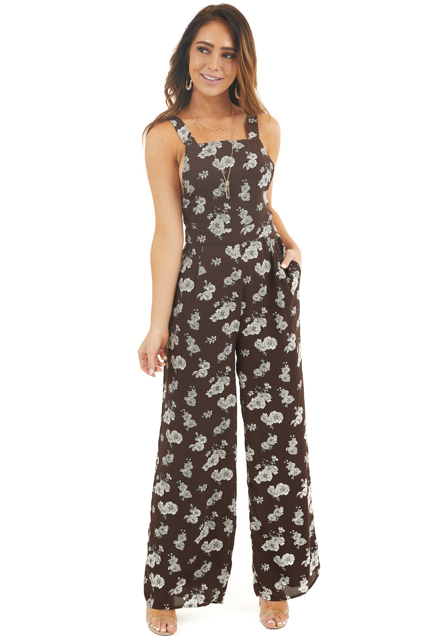 Chocolate Floral Print High Neck Jumpsuit with Side Pockets