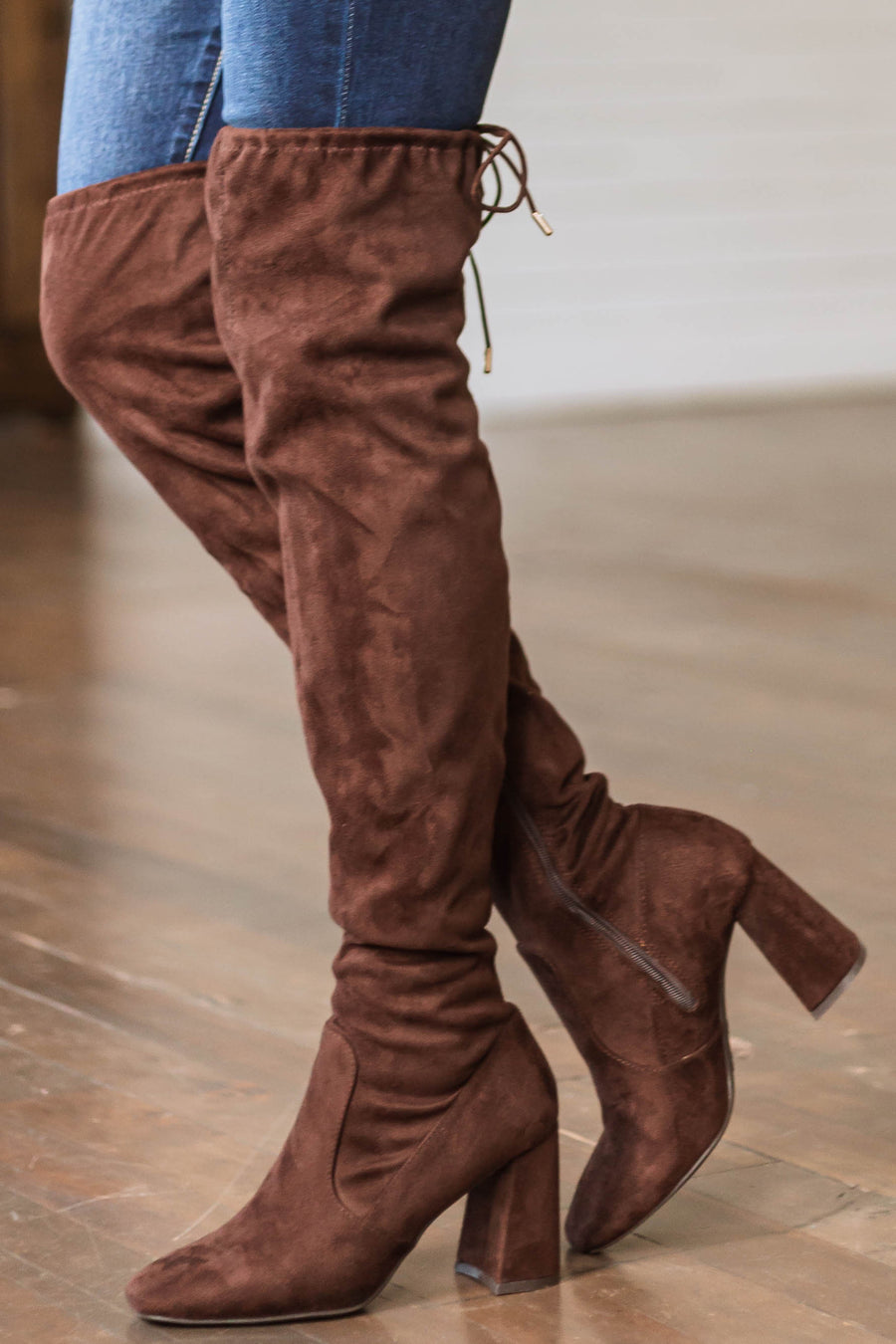 Chocolate Faux Suede Thigh High Boots