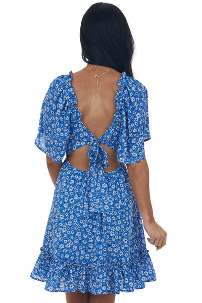 Cobalt Floral Open Back Bell Sleeve Short Dress