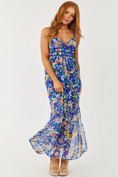 Cobalt Floral Print Sleeveless Maxi Dress