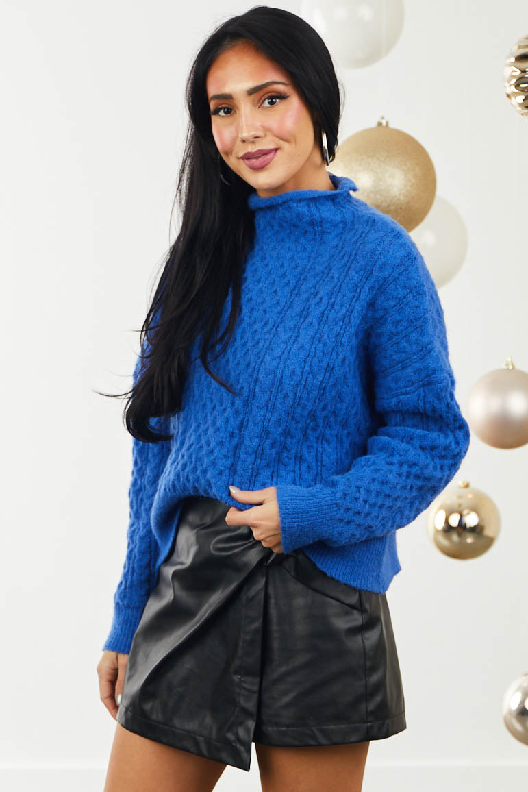 Cobalt Fuzzy Cable Knit Funnel Neck Sweater