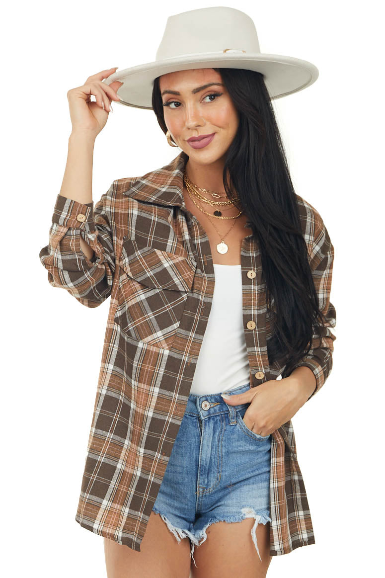 Cocoa and Copper Plaid Button Up Flannel Top