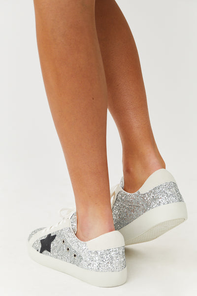 Coconut and Silver Glitter Star Lace Up Sneakers