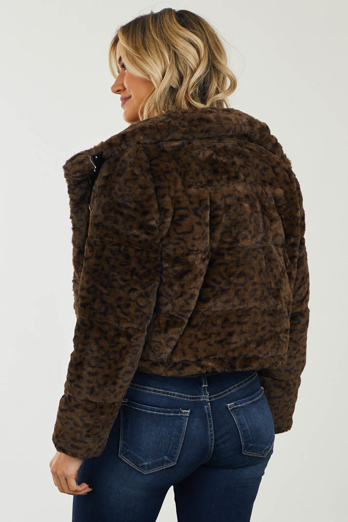 Coffee Leopard Print Faux Fur Cropped Jacket