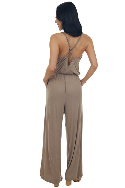Coffee Wide Leg Sleeveless Pocket Knit Jumpsuit
