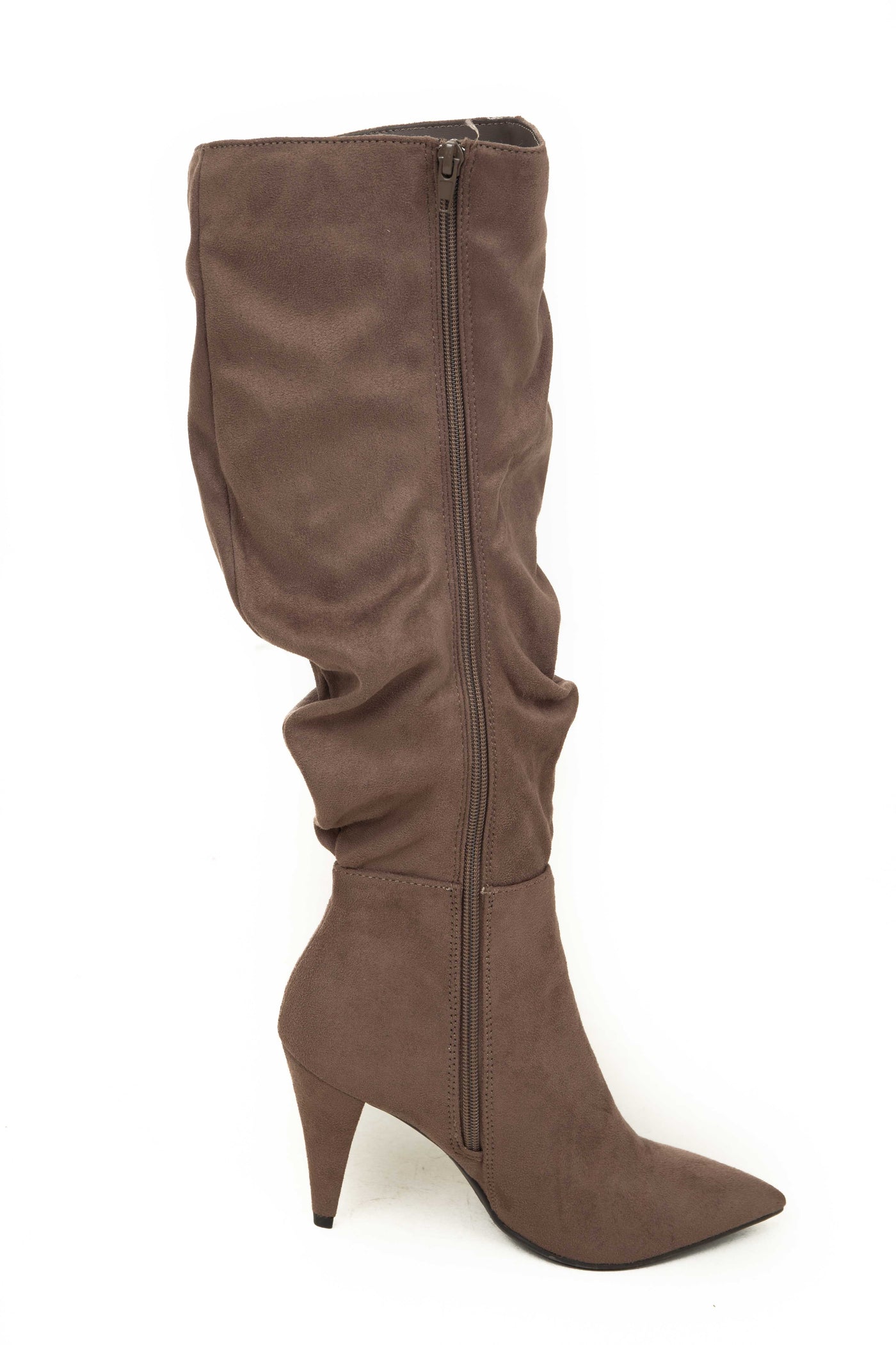 Coffee Slouchy Side Zip Up Pointed Heel Boots
