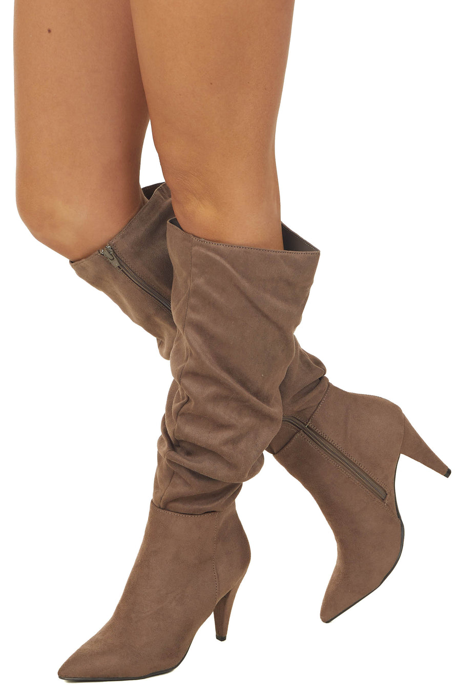 Coffee Slouchy Side Zip Up Pointed Heel Boots