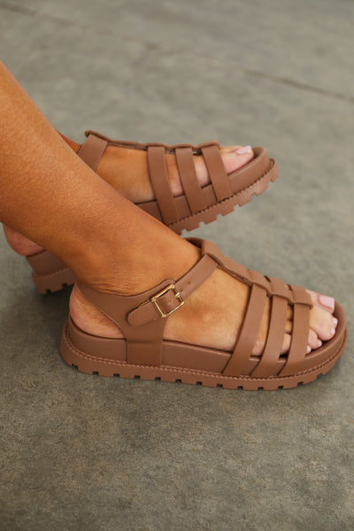 Coffee Treaded Sole Pleather Gladiator Sandals
