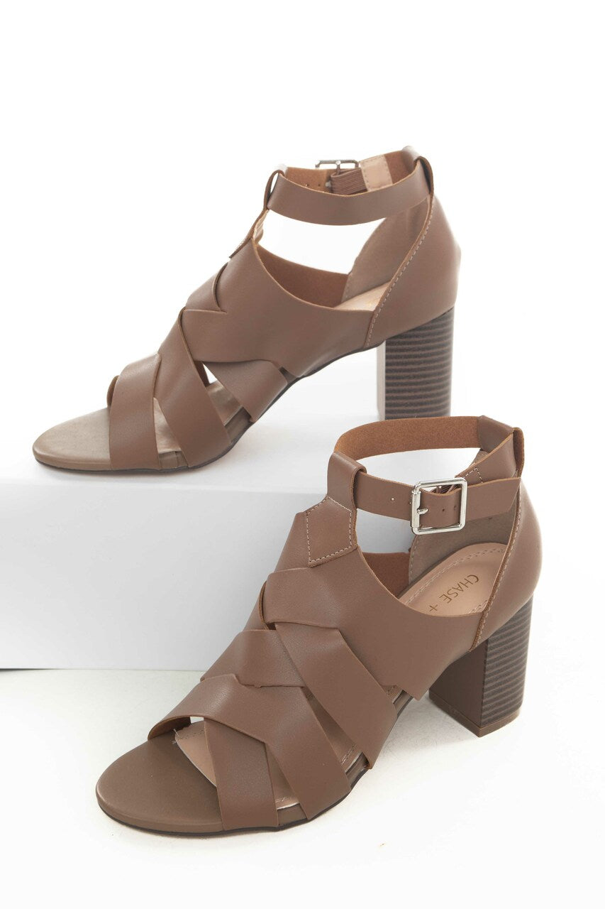 Cognac Faux Leather Strappy Heeled Sandals 