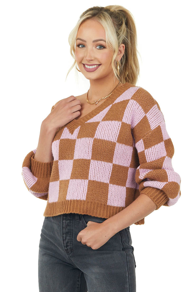 Cognac and Carnation Checkered V Neck Sweater