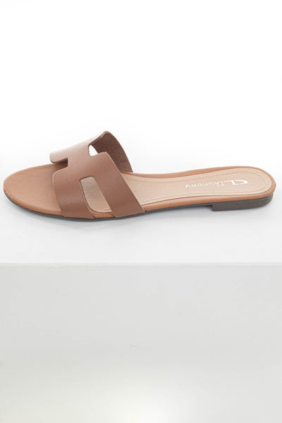 Cognac Leather Geometric Strap Flat Sandals