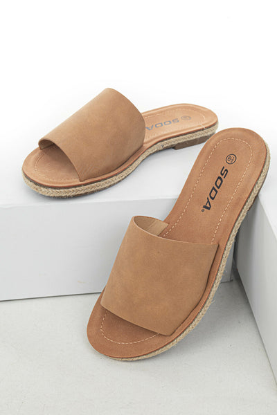 Cognac Faux Leather Solid Strap Flat Sandals