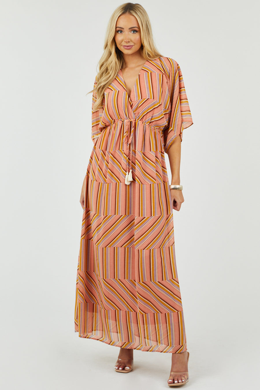 Coral Abstract Striped Surplice Woven Maxi Dress