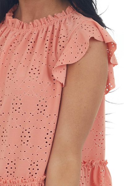Coral Cap Sleeve Peplum Eyelet Lace Knit Top