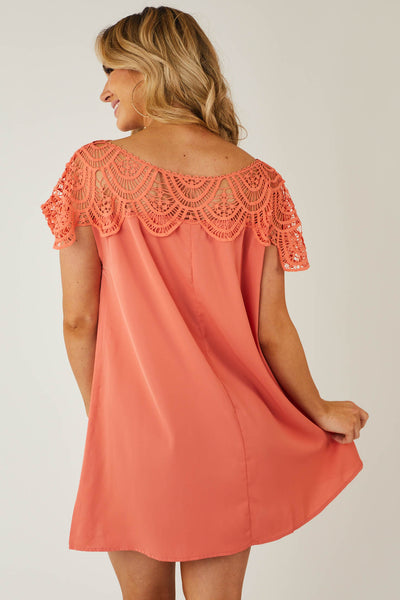 Coral Crochet Lace Yoke Woven Shift Dress