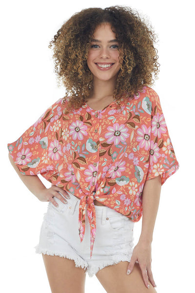 Coral Floral Button Up Front Tie Short Sleeve Top