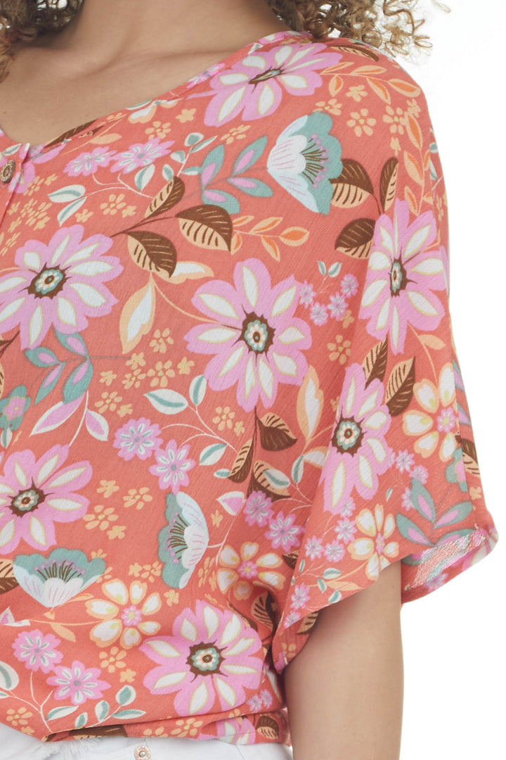 Coral Floral Button Up Front Tie Short Sleeve Top