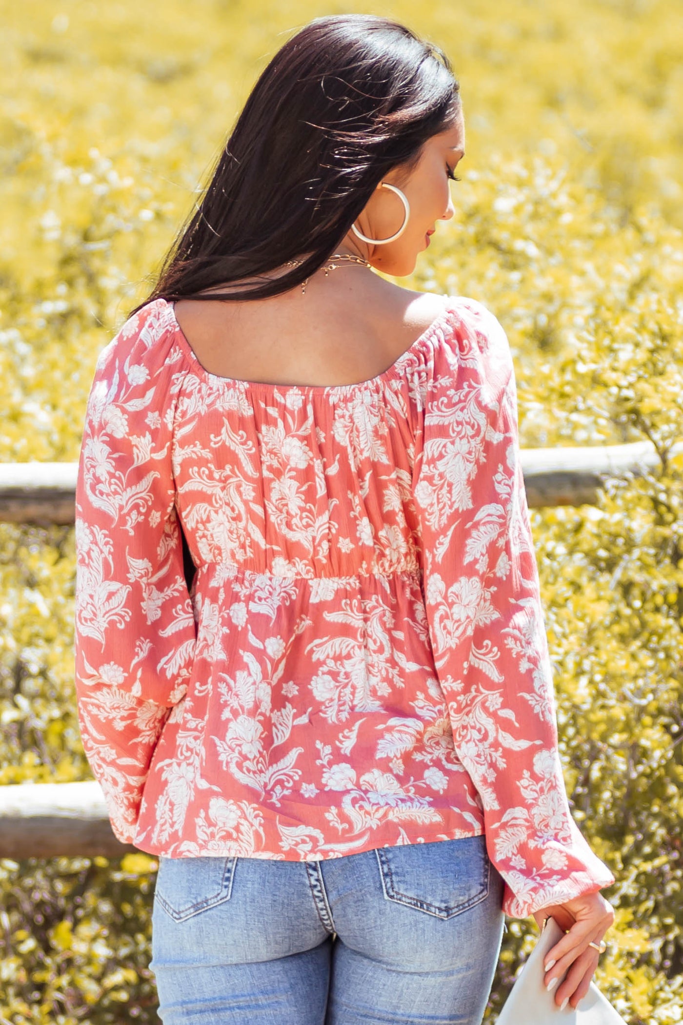 Coral Floral Long Sleeve Front Tie Blouse