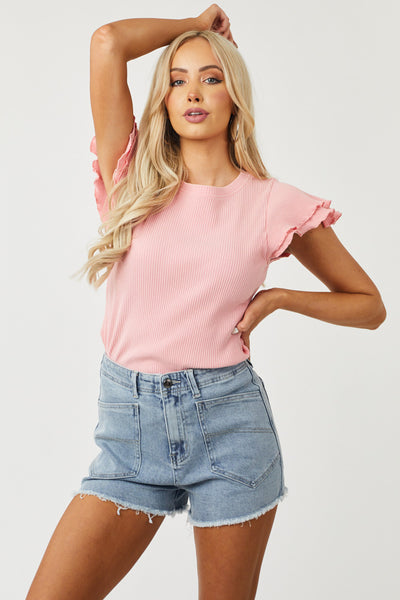 Coral Layered Ruffle Sleeve Ribbed Top