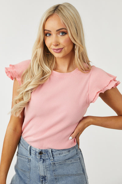 Coral Layered Ruffle Sleeve Ribbed Top