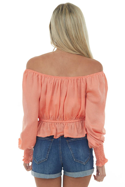 Coral Silky Smocked Cuff Peplum Blouse
