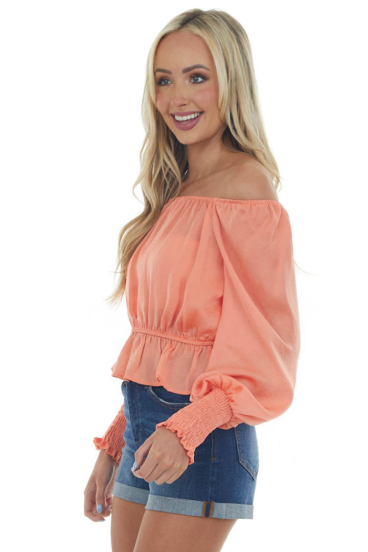 Coral Silky Smocked Cuff Peplum Blouse