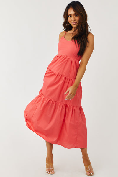 Coral Sleeveless V Neck Tiered Woven Midi Dress