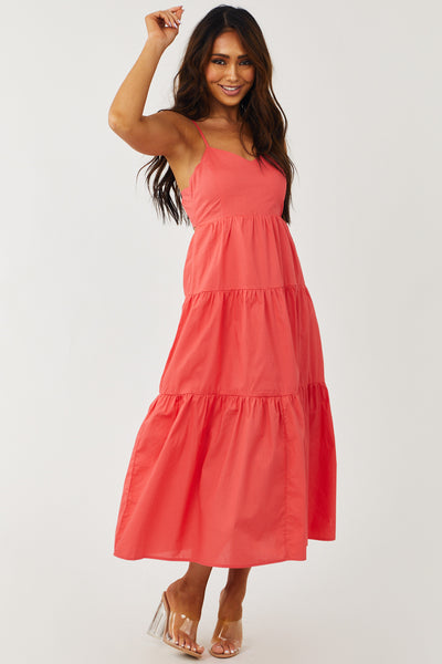 Coral Sleeveless V Neck Tiered Woven Midi Dress