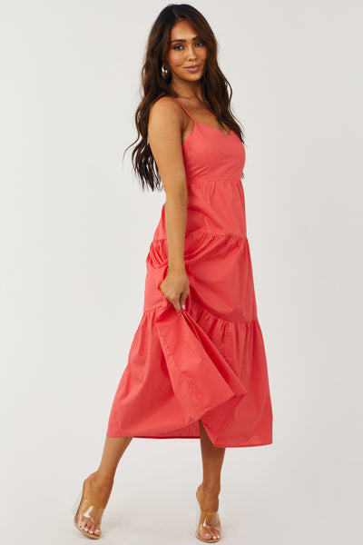 Coral Sleeveless V Neck Tiered Woven Midi Dress