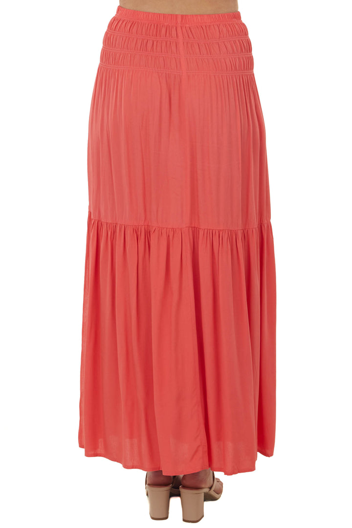 Coral Smocked Waist Tiered Woven Maxi Skirt