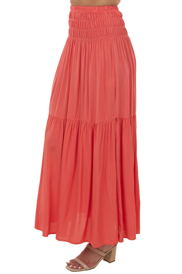 Coral Smocked Waist Tiered Woven Maxi Skirt