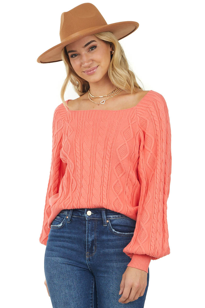 Coral Square Neck Bubble Sleeve Sweater