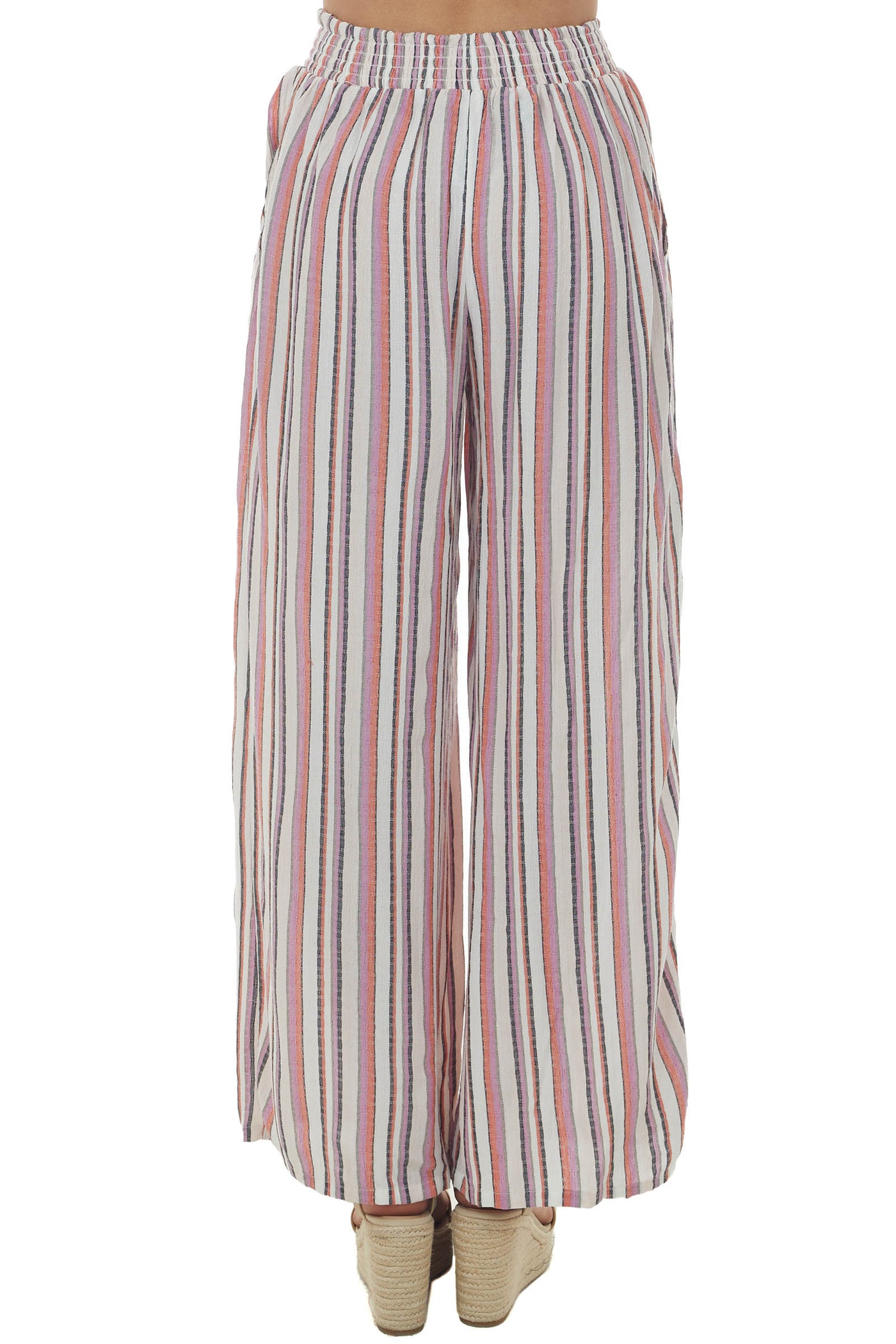 Coral Striped Pants with Smocked Waist Tie